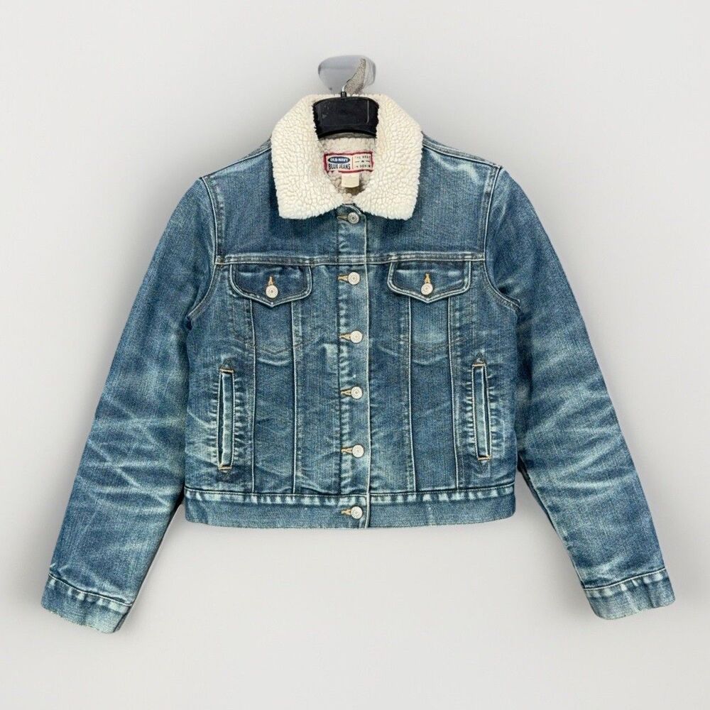 Old Navy Women Small Denim Sherpa Trucker Jacket Blue Jean Faux Fur Fleece Cozy